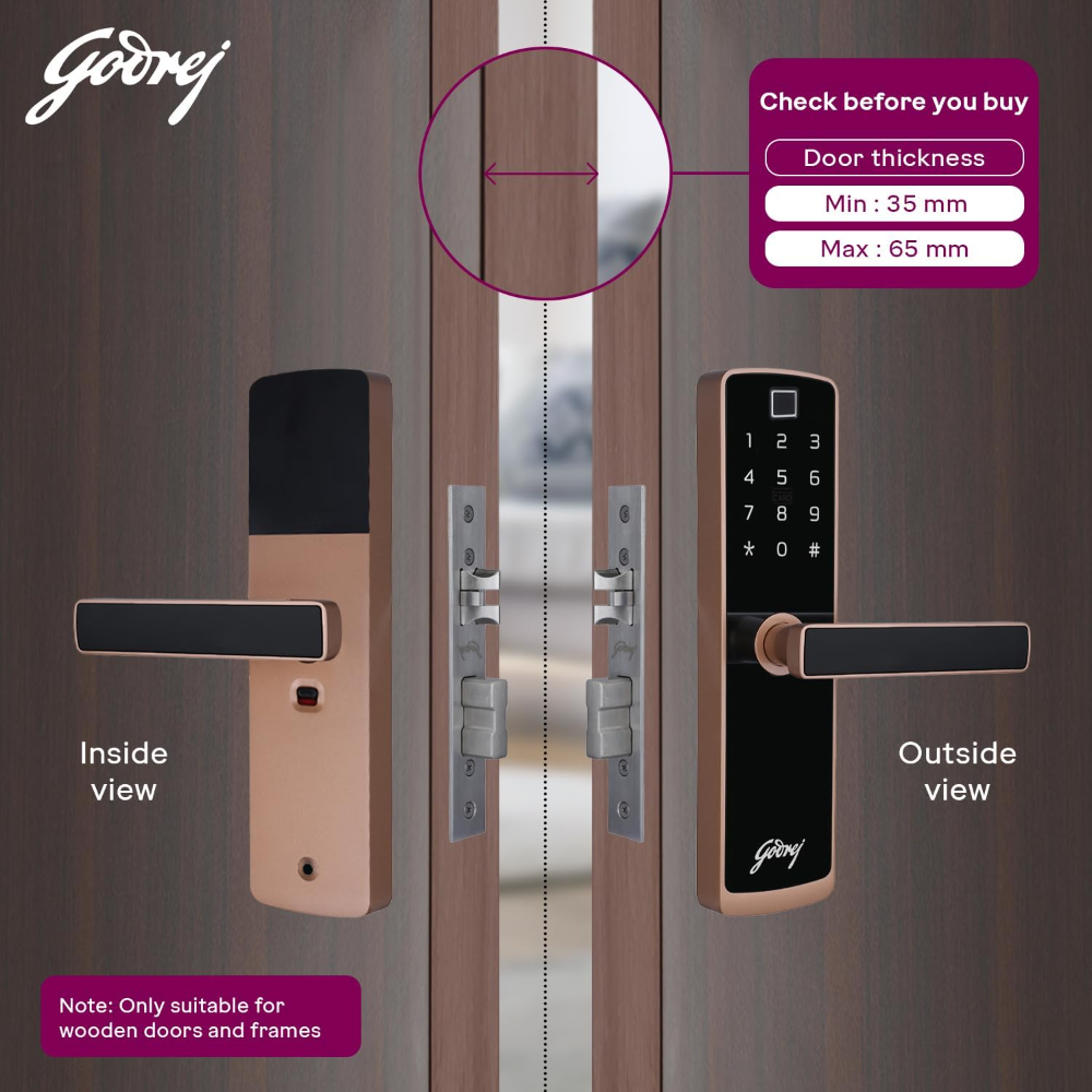 Godrej Smart Lock I Catus Touch Plus I Digital Lock for Wooden Door I 4in1 Access I Fingerprint | RFID I PIN Access I Mechanical Key I 3 Dead Bolts I Rose Gold I 3 Yr Warranty | Free Installation
